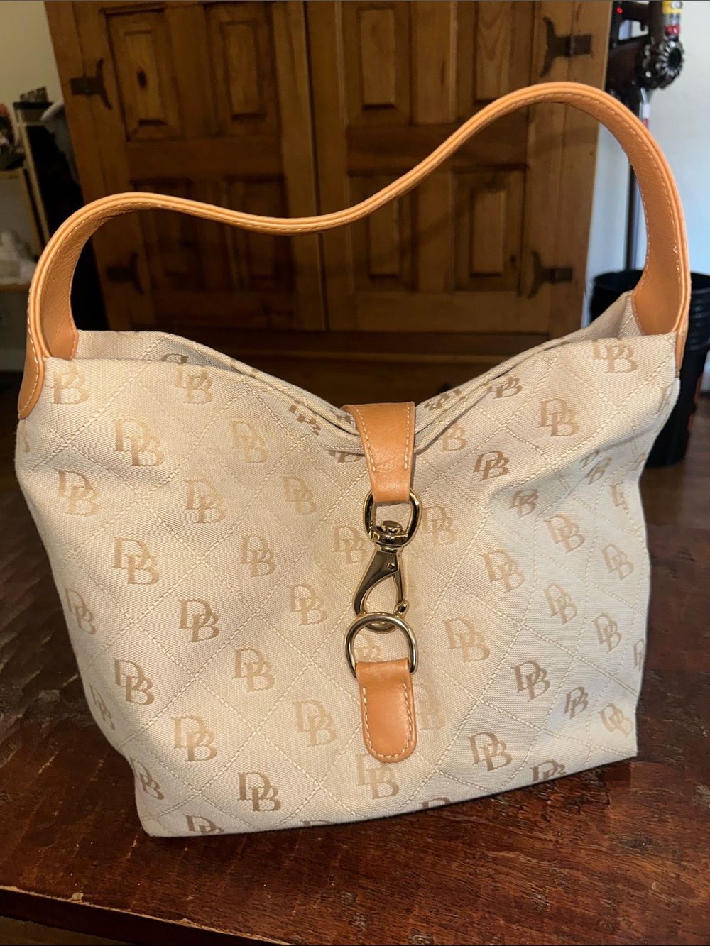 Dooney & Bourke Cream Canvas Shoulder Bag with Tan Trim